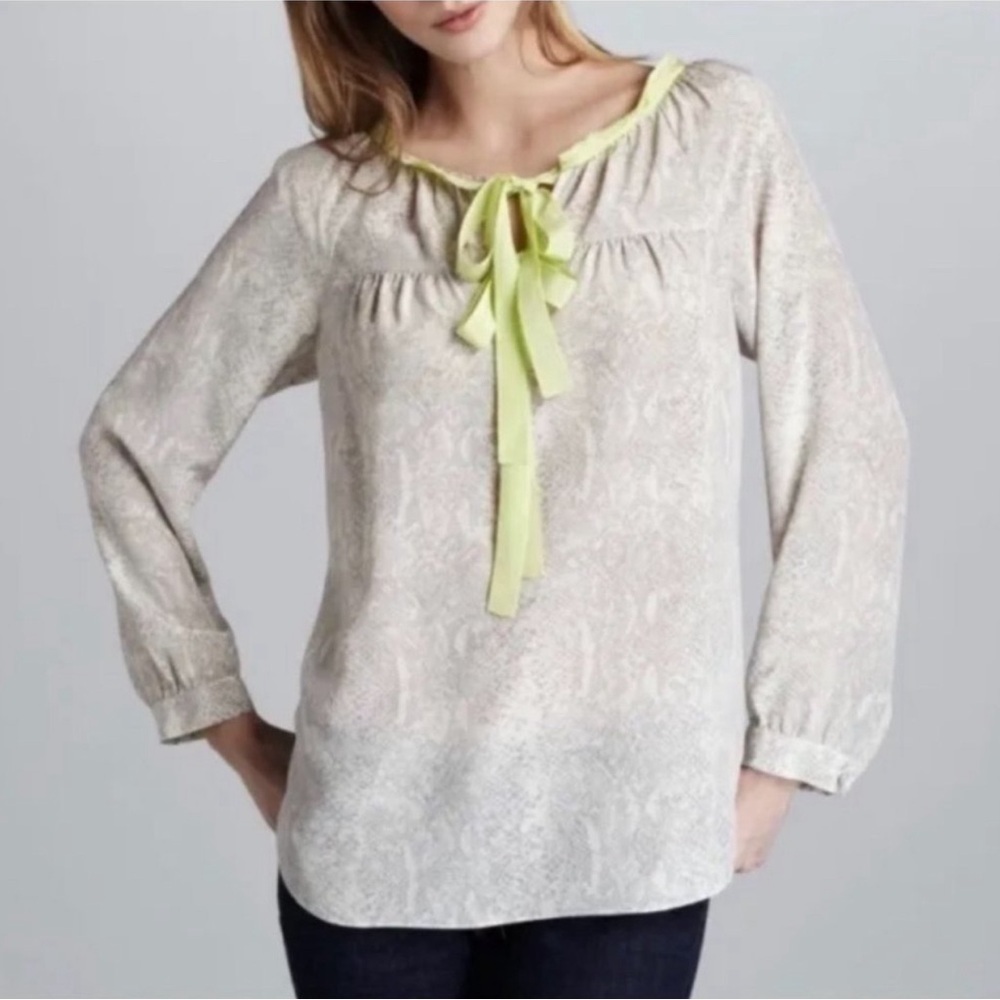 Rebecca Taylor Cream Snakeskin Print Silk Tied Neckline Peasant Blouse - size 6